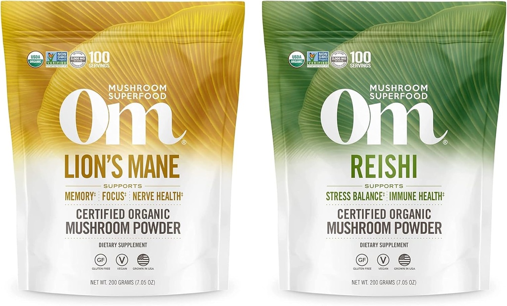 OM MUSHROOM SUPERFOOD 7.05oz Bundle, אבקת ה-Mane & Reishi אורגני Mushroom, 200 משרתים