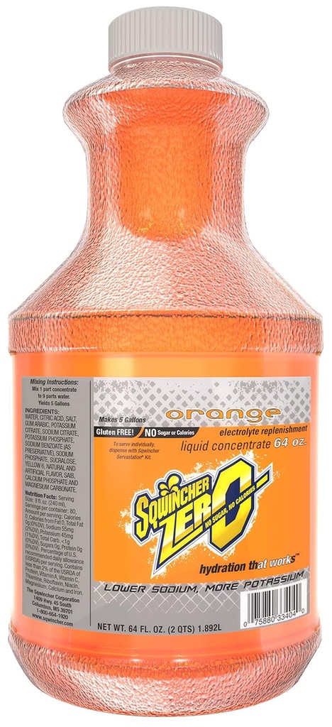 Sqwincher Zero Liquid Concentrate| Orange Flavored | Sugar Free | Low Calorie | Low Sodium | Electrolyte Replenishment Hydration Drink Mix | Makes 5 Gallons of Beverage | 64 oz (Pack of 6)