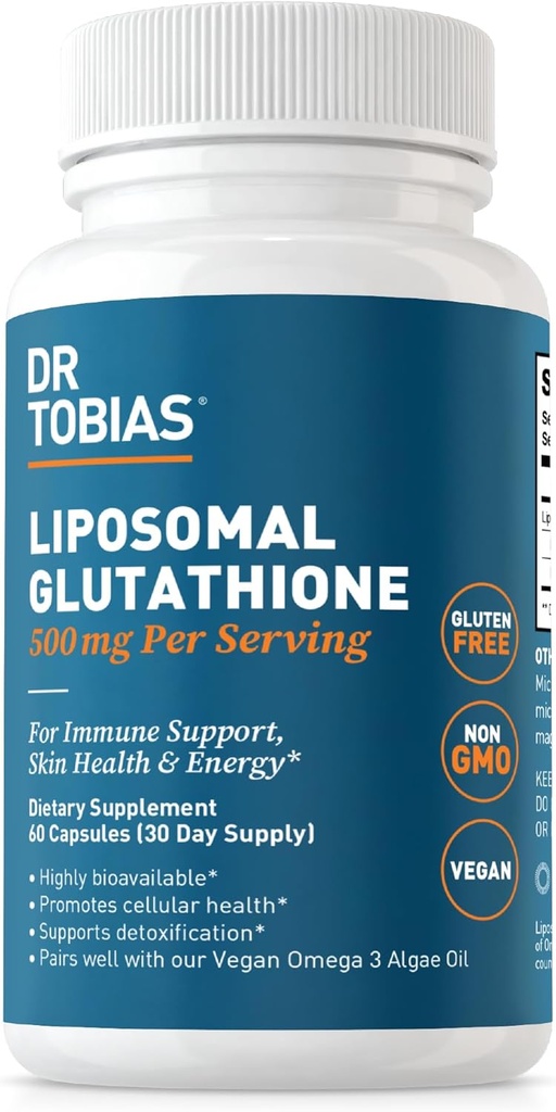 ד"ר Tobias Liposomal Glutathione, 500 מ"ג Per Server - Highly Bioavailable Glutathione תוסף, תומך אנרגיה, Skin & Immune Health - טבעוני, Gluten-Free, non-GMO, 60 קפסולות, 30 משרתות, 30 משרתים
