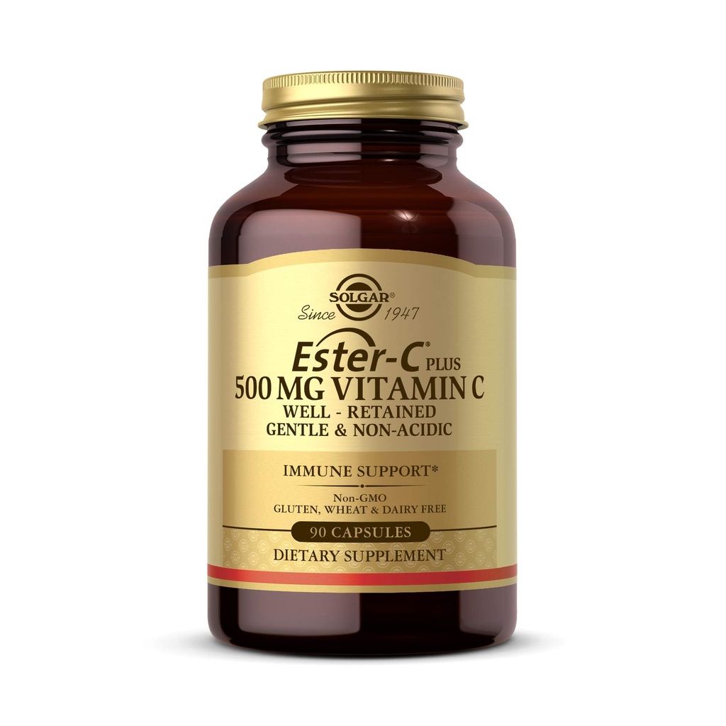 Solgar Ester-C Plus 500 מ"ג ויטמין C עם Citrus Bioflavonoids - 90 קפסולות - Gentle & Non Acidic, Well Retained - 24Hour Immune Support - Non-GMO, Gluten Free - 90 משרתי שירות - 90 משרתים