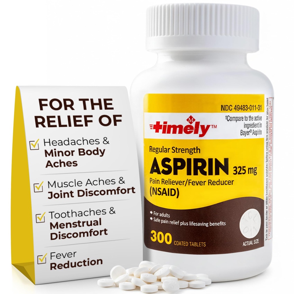 זמן-CAP LABS, INC. Timely 300 Count Active Aspirin 325 מ"ג למבוגרים - בהשוואה ל-Bayer - coated Power Aspirin Tablets - Pain Reliever for Minor Aches and Pains - Made in USA