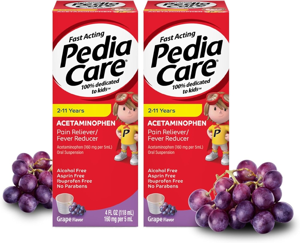 Fast Acting Children's Pain Reliever / Kids Fever מצמצם עם Acetaminophen אוראלי סוסי, ימי 2-11, Zero אלכוהול או Aspirin או Ibuprofen, Grape Flavor, 4 oz (2 Pack)