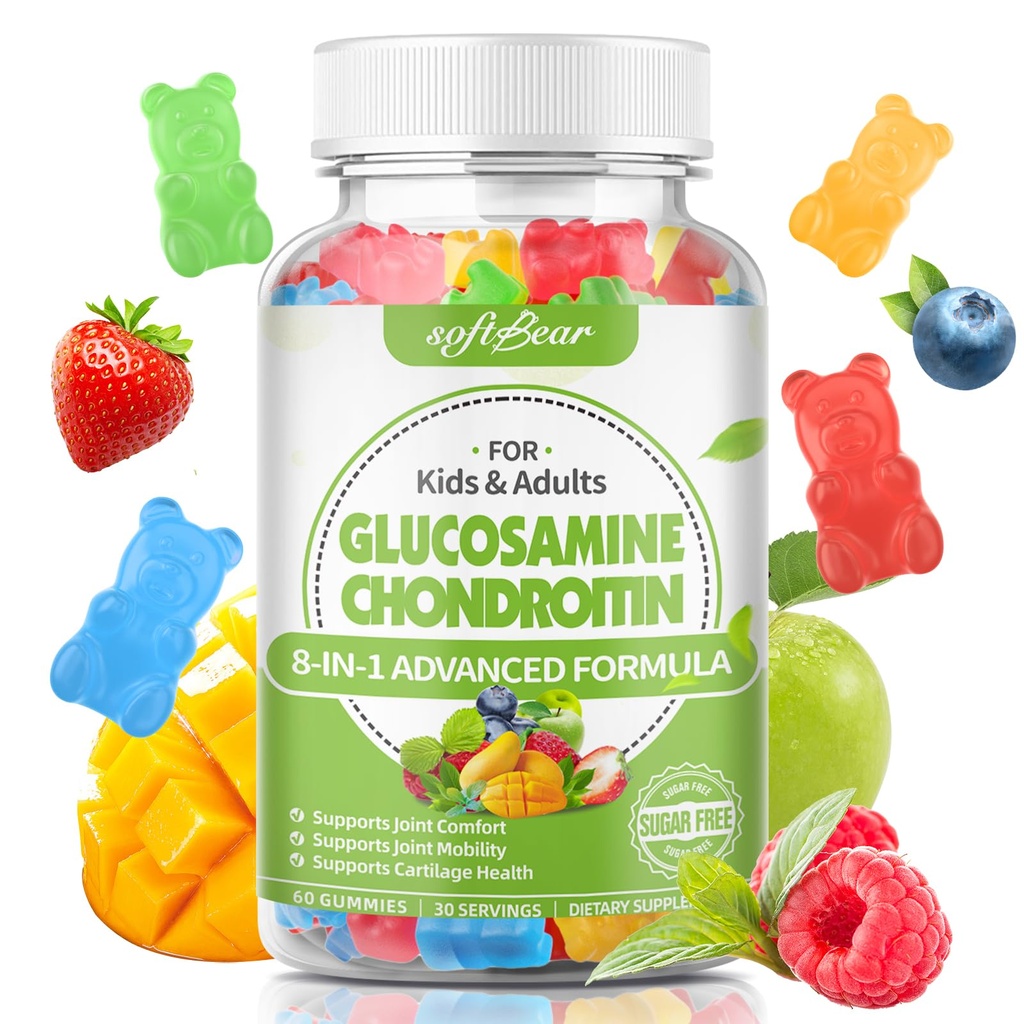 Softbear Glucosamine Chondroitin חניכיים למבוגרים, סוכר חינם Chondroitin & Glucosamine תוספי תזונה עבור תמיכה משותפת, מעורב פירות פלאמור, 60 הרוזן