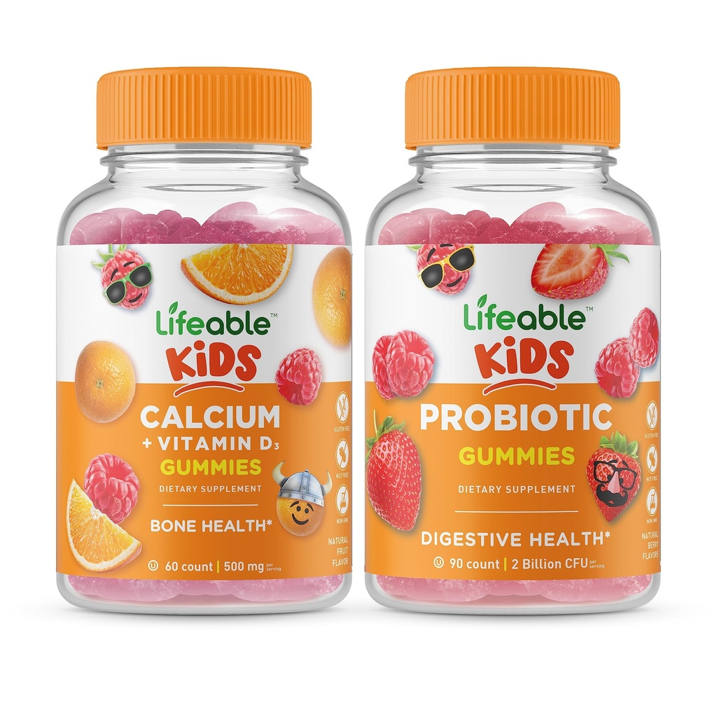 Calcium חיים עם ויטמין D ילדים + פרוביוטיקה 2 מיליארד CFU ילדים, חניכיים Bundle - גדול Tasting, ויטמין תוסף, Gluten Free, GMO חינם, Chewable Gummymy
