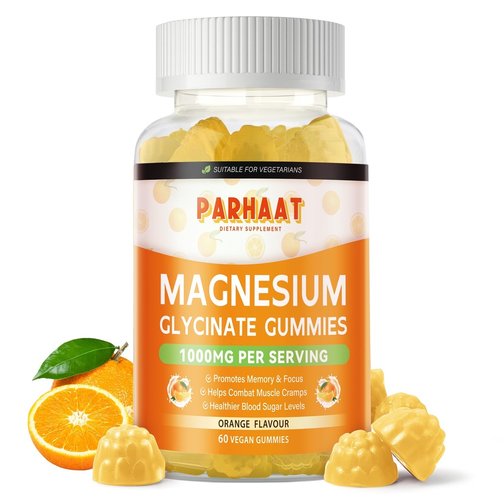 Magnesium Glycinate Gummies 1000 מ"ג - סוכר חינם Magnesium Potassium תוספת עם ויטמין D, B6, CoQ10 עבור Calm Mood & Sleep Support - 60 חניכיים כתום