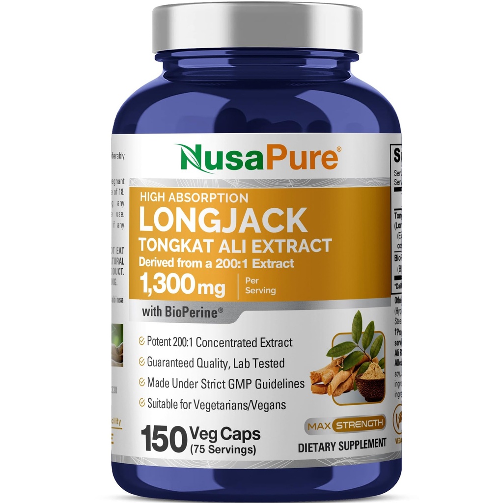 NusaPure Longjackטונגkat Ali 260,000 מ"ג 150 Veggie Caps (Non-GMO, Gluten Free) Bioperine