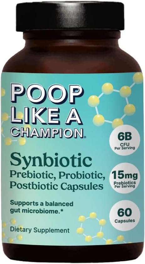 Poop Like a Champion Gut Power Synbiotic (פרוביוטיקה, פרוביוטיקה, פוסטביוטיקה) - 60 קפסולות, טבעוני, תוסף בריאות non-GMO Digestive, 6.5 מיליארד CFU
