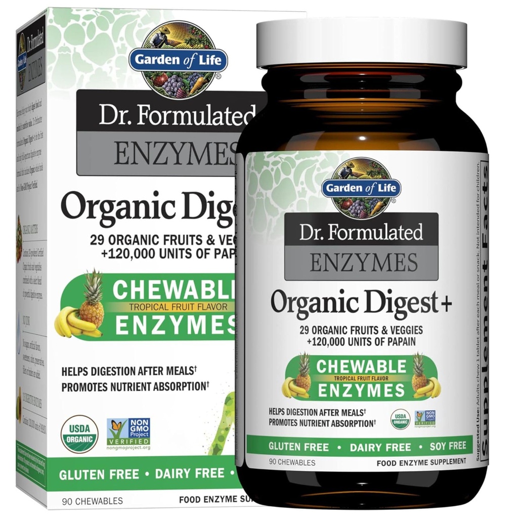 גן של Life Digestive Enzymes with Papain, Bromelain ו- Lipase for Foodsent Absorption and Digest Support, Tropical Fruit, Dietary Supplement, Certified Vegan, 90 Chewables