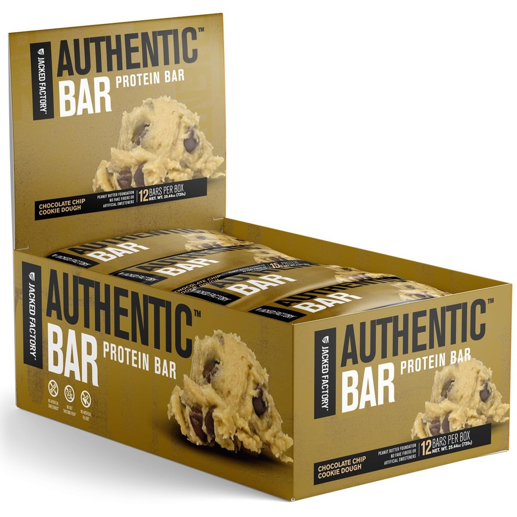 Authentic Bar Chocolate Chip Cookie Dough Protein Bars - Meal החלפה חטיף החלבונים 25 Bars w / 15g Whey חלבונים Isolate, Peanut Butter Foundation, Fats בריאים, מתוקן באופן טבעי - 12 Pack