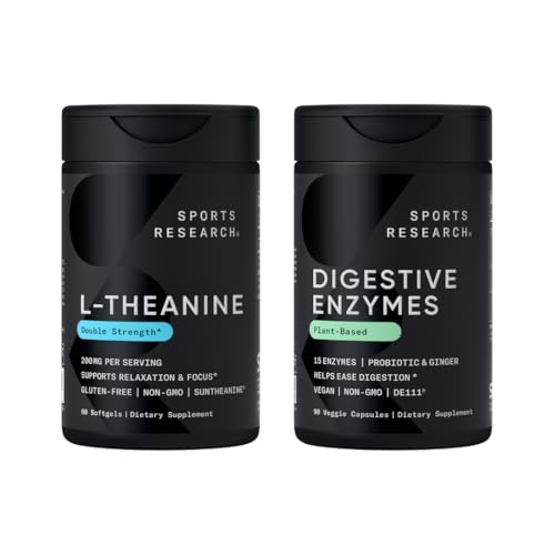 מחקר ספורט כפול כוח L-theanine תוסף Suntheanine Softgels עבור Focus, הירגעות ואזהרה עם שמן קוקוס 60 ספירה ו Enzymes + Probiotics & צמח הג'ינג'ר מבוסס 90 הרוזן
