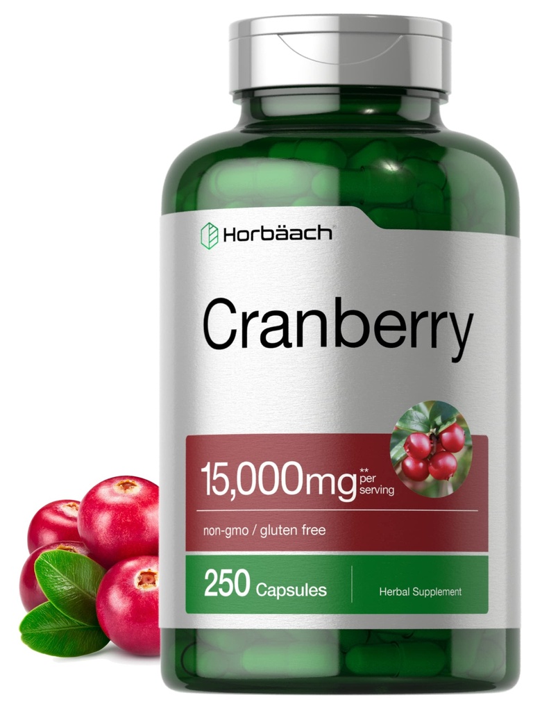 Horbäach Cranberry Pills + ויטמין C | 15,000 מ"ג | 250 קפסולות | Non-GMO ו- Gluten Free Supplement from Concentrate Extract