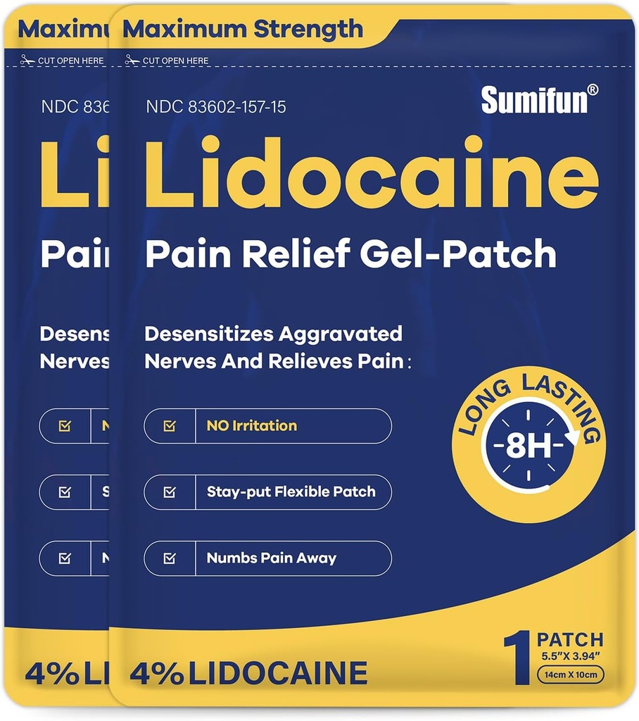 Sumifun 4% Lidocaine Patches כוח מקסימלי - 24 Count Pain Relieving Gel Patch forשרירים Soreness, Back Ache, Knee, Neck & Joint Pains - Topicic (NDC: 83602-157-15, 83602-157-01)
