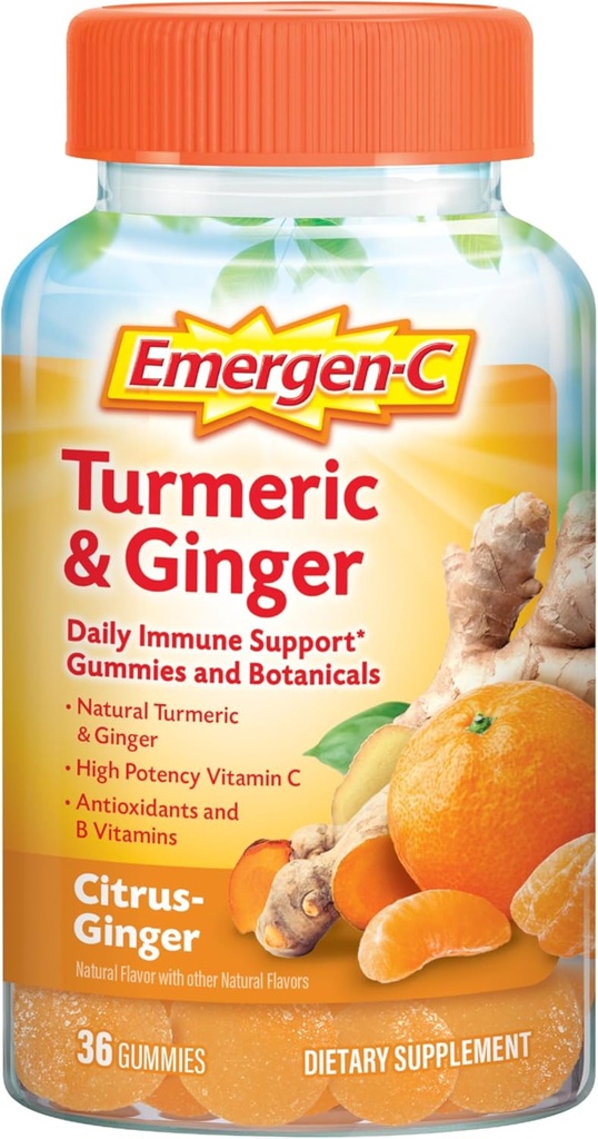 Emergen-C Citrus-Ginger Gummies, Turmeric וג'ינג'ר, Immune Support Natural Flavors with High Potency ויטמין C, Back to School Essentials - 36 Count