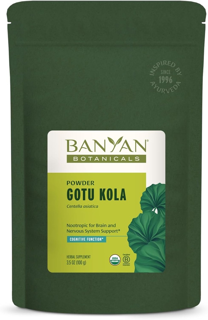 Banyan הבוטנים Gotu Kola אבקה - אורגני ברהמיה (Centella Asiatica) - Calming Nootropic Herb עבור מערכת העצבים & עור בריא * - 3.5 oz. - Non-GMO Sustainly Sourceed טבעוני טבעוני טבעוני