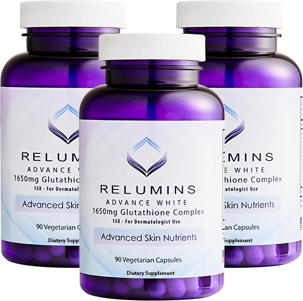 Relumins L-Glutathione Complex 1650 מ"ג - תמיכה אנטי-חמצן עם Alpha Lipoic Acid, NAC, L-Methionine, ויטמין E, Skin Health, המיוצר בארה"ב - 90 קפסולות צמחוניות x 3 בקבוקים