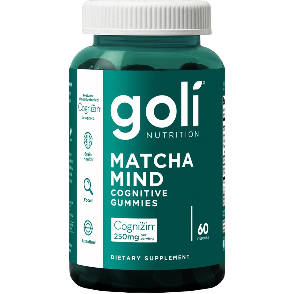 Goli Matcha Mind Gummies - 60 Count - Green Tea Leaves אבקת עם Cognizin עבור Focus, תשומת לב ובריאות המוח, טבעוני, Non-GMO, Gluten-Free & Gelatin חינם.
