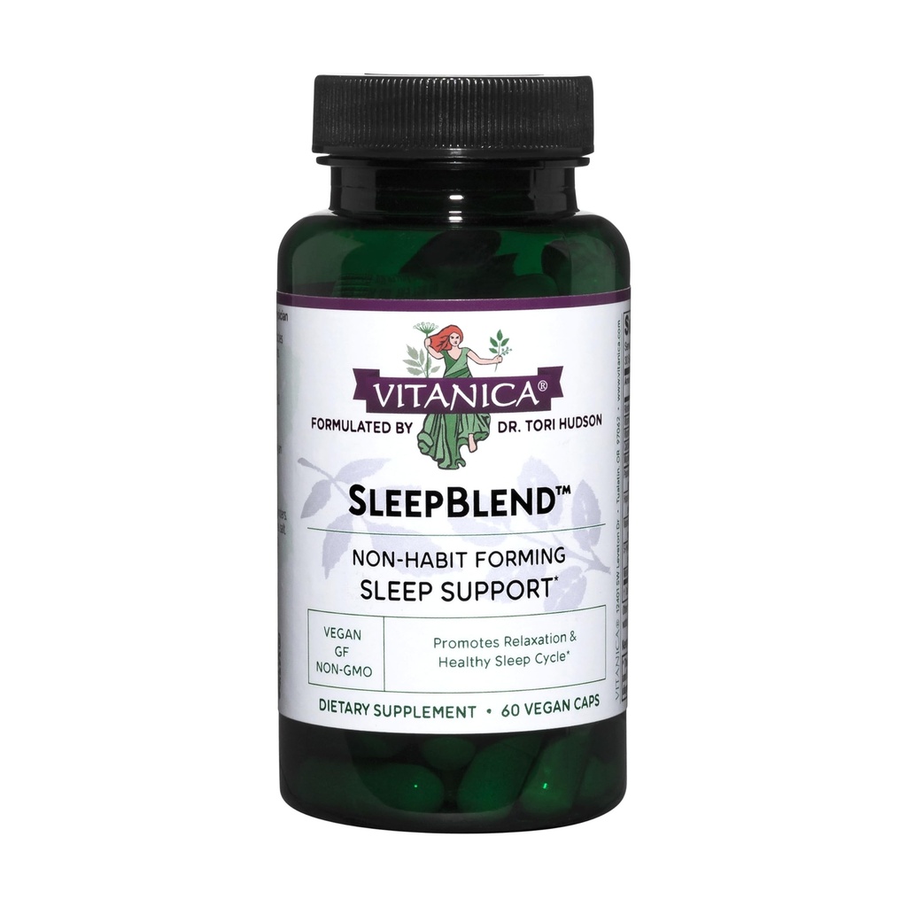 Vitanica Sleepblend, non Habit Forming Sleep Support, with Melatonin, ולריאן Root, Passionflower and Hops, טבעוני, 60 קפסולות