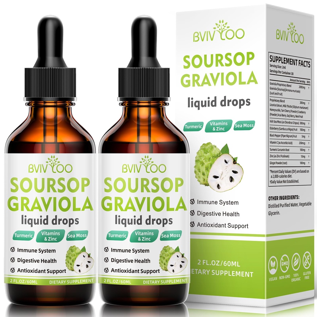 2 Pack Soursop Graviola נוזל טיפות - 2000 מ"ג טהור Soursop לחלץ מעורבב עם 300 מ"ג ים ים Mosss & 100 מ"ג Elderberry - תמיכה תאים עוצמתיים, Antioxidant-Rich, Immune-Boosting - 4 Fl Oz (120 מ"ל) בקבוק