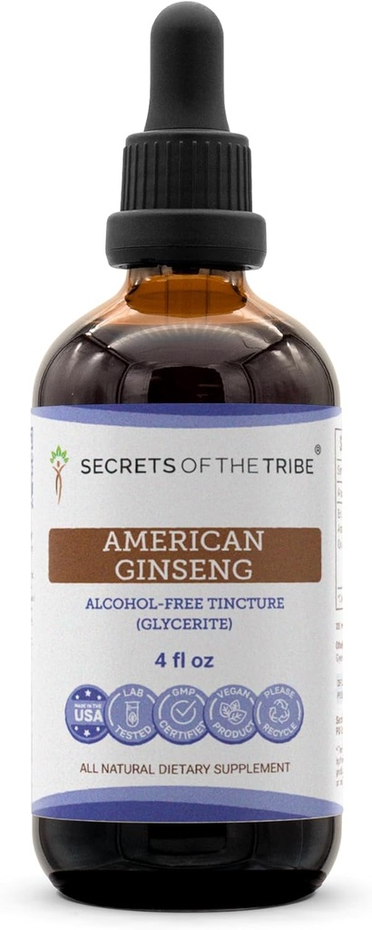 סודות של השבט האמריקאי ג'ינסנג Tincture Alcohol-Free Extract, Farm Grown American Geneseng (Panax Quinquefolius) Dried Root (4 FL OZ)