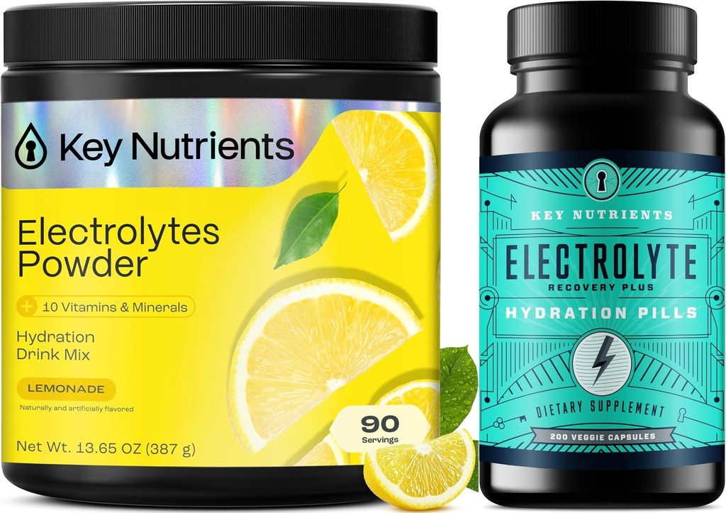 KEY NUTRIENTS hydrodle - Multivitamin אלקטרוליטה אבקה לימונדה (90 משרתים) ו טבליות אלקטרוליט (200 טבליות) - No Sugar, No Calories - Sodium & Energy Support - Made USA Made USA
