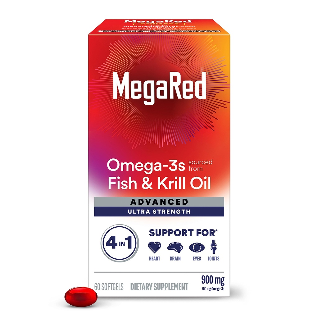 Megared אומגה 3 Fish & קריל שמן תוספת 900 מ"ג - Mega Red Advanced 4in1, 60 רכות, 2x More אומגה 3, Heart, Joint, Brain and Eye Supplement, Red, 60 Count