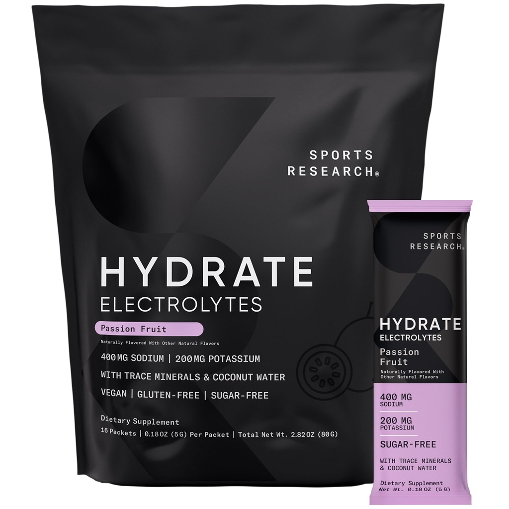 מחקר ספורט ® Hydrate Electrolytes אבקת Packets - סוכר חינם ומשתלב באופן טבעי עם ויטמינים, מינרלים, מים קוקוס - תמיכה הידרה - 16 Packets - תשוקה פירות פירות