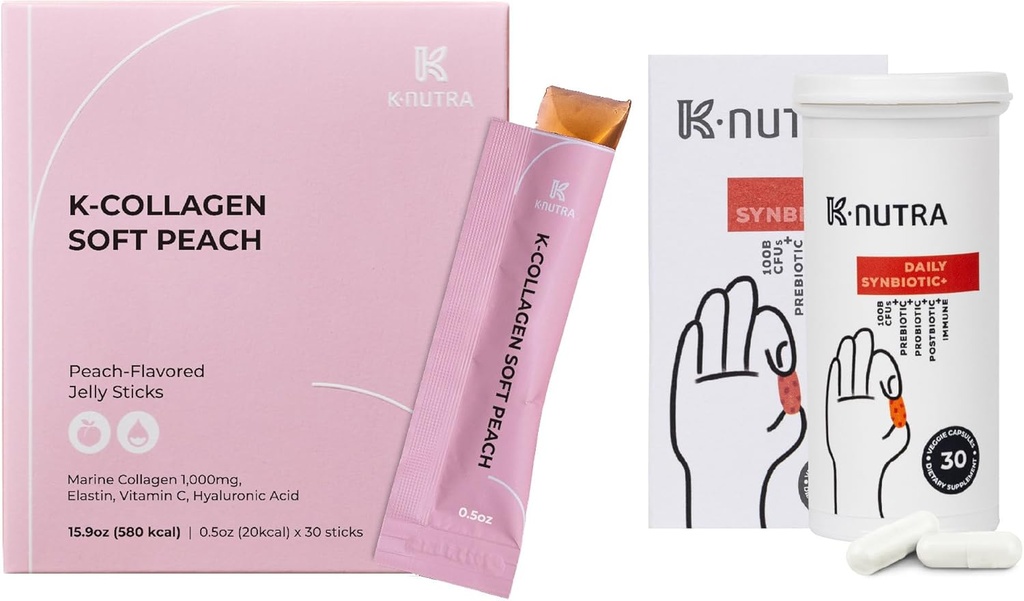 Daily Synbiotic+ (30 Caps) 100B CFU, Kimchi Postbiotic & K-Collagen Soft Peach Collagen Jelly (30 Sticks)