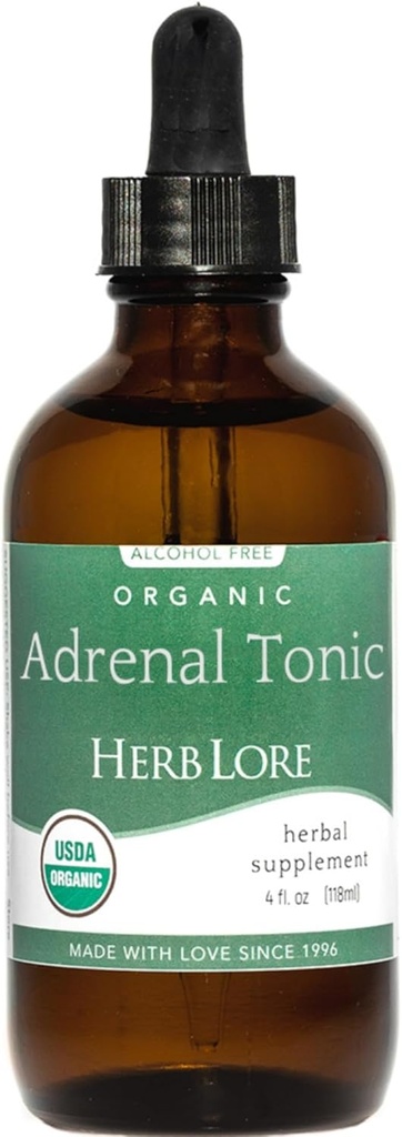 Herb Lore אורגני Adrenal Tonic Tincture - Herbal Adrenal Support Supplements with Ashwagandha, Rhodiola & Eleuthero - אלכוהול חינם - 4 Fl Oz