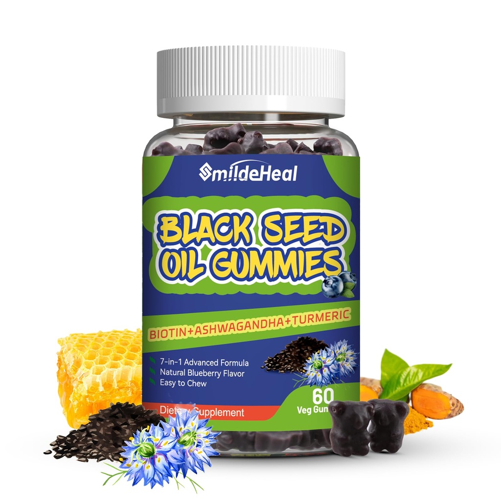 Black Seed Oil Gummies, אורגני Black Cumin Seed שמן חניכיים, Black Cumin Seed שמן אורגני 500 מ"ג, Chewable Black Seed ו- Honey Gummies, טבעוני, 60 חניכיים