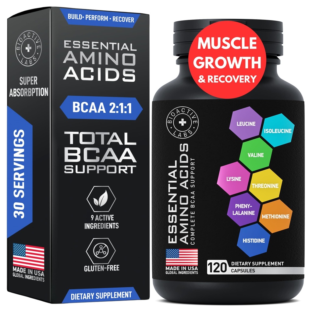 Essential Amino Acids תוספת לנשים וגברים - תרכובת טבעונית BCAA Amino Acid לצמיחת שרירים עם כל 9 BCAAs Essential Aminos - Advanced Workout Power & Recovery Formula - 120 EAA BCAA גלולות