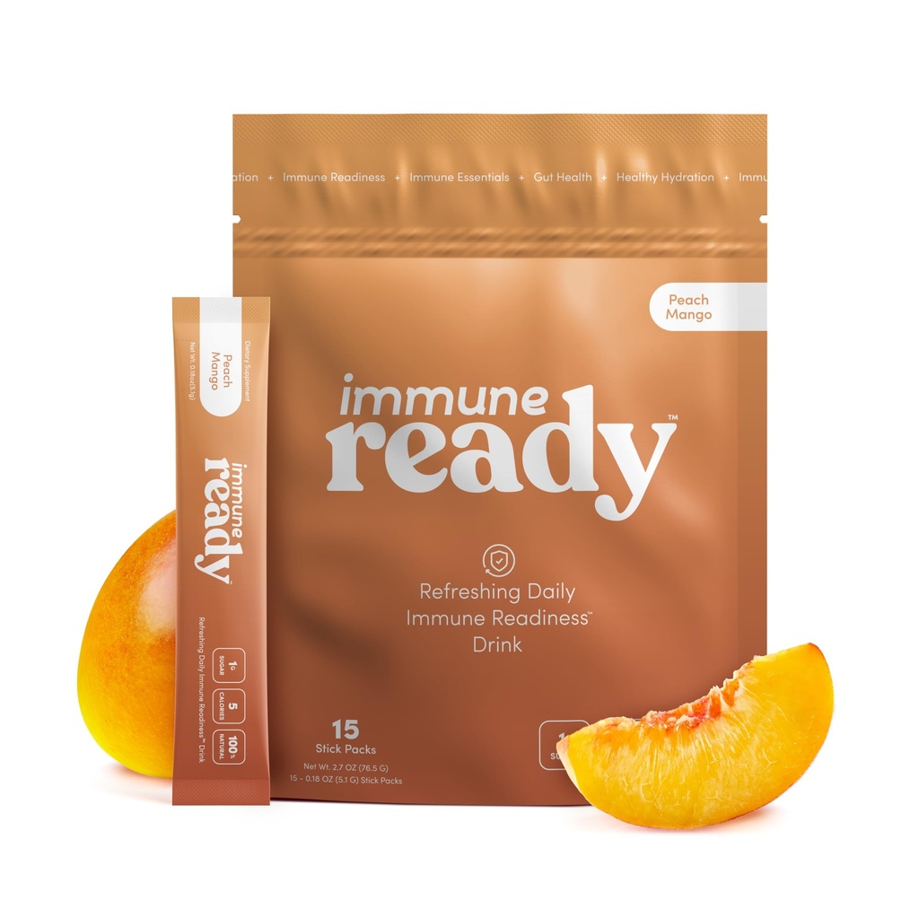 Immune ReadyTM Electrolytes אבקת Packets - Immunity Boost Drink עם ויטמין C, Zinc Picolinate, Inulin אבקת & Beta Glucan - סוכר חינם Peach-Mango, 15 משרתים