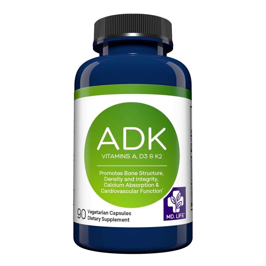 MD. Life ADK Vitamin Supplement, Vitamin D3 K2 and A, 30 Capsules, Non-GMO | High Potency Complex - Bone and Heart Health Support - Doctor Designed - Made in the USA - Gluten Free, Vegetarian