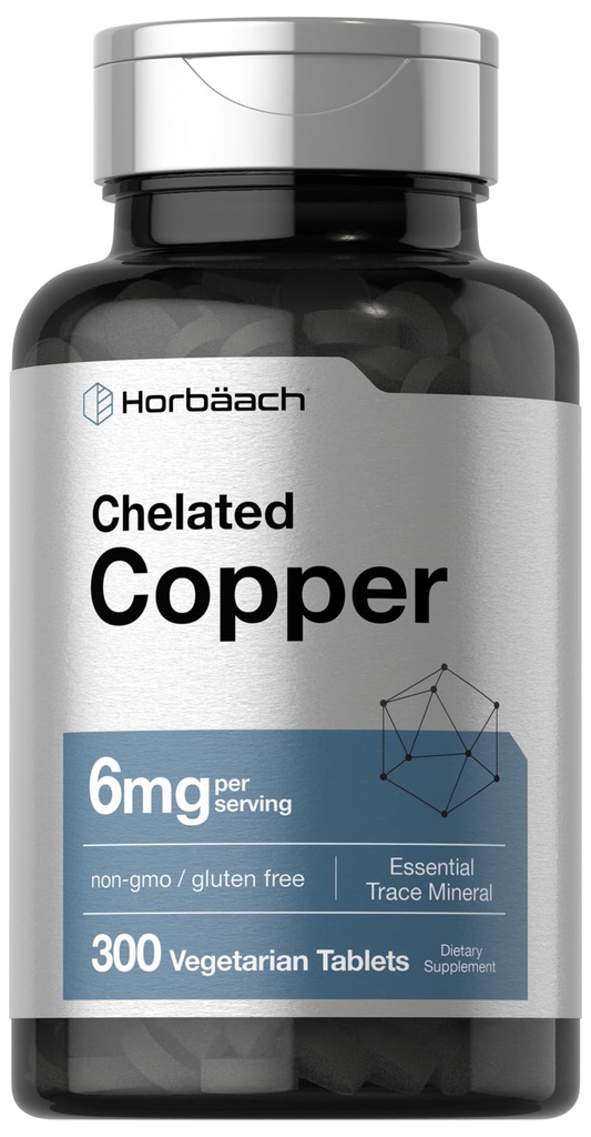 Horbäach Chelated Copper תוסף 6mg | 300 טבליות | Essential Trace מינרלים | Vegetarian, non-GMO, Gluten Free