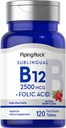 Piping Rock ויטמין B12 sublingual | 2,500 mcg | 120 טבליות | עם Folic Acid | תוספת לנשים וגברים | ברי פלאפור | Vegetarian, non-GMO, Gluten Free Free Getty