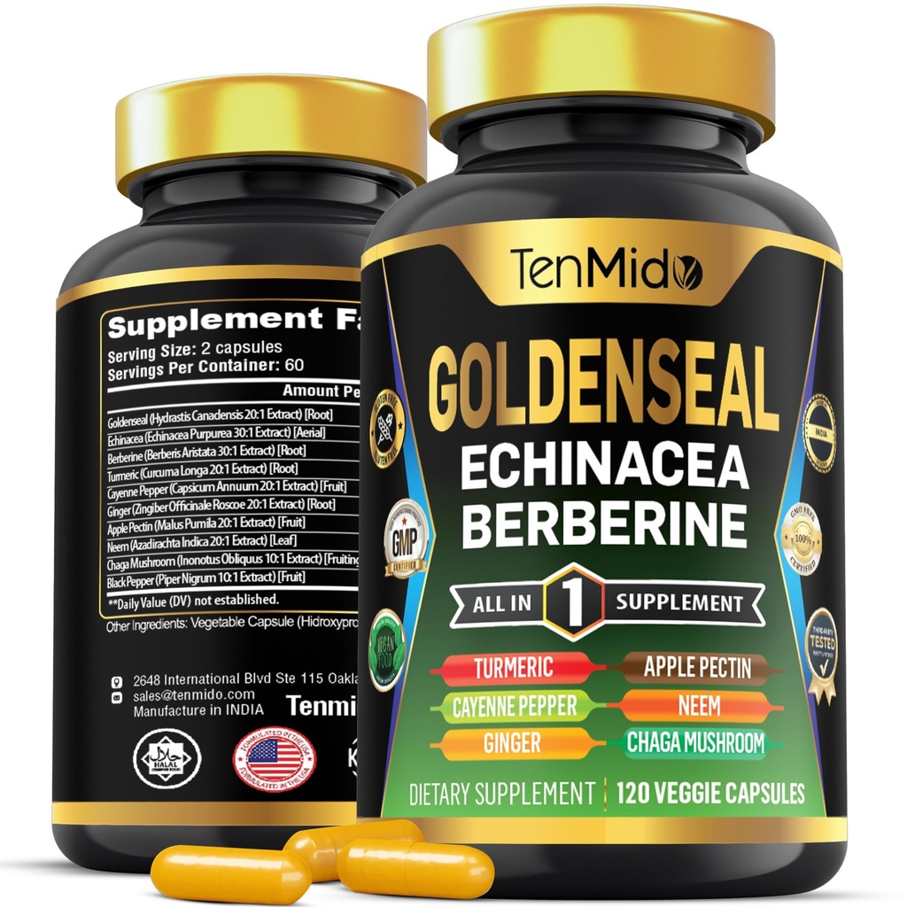 תוסף שורש מוזהב - 10in1 פורמולה - בשילוב עם Echinacea, Berberine, Turmeric, קייאן פפר, ג'ינג'ר, Apple Pectin, Neem, & More - תמיכה בריאות העיכול - 120 קפסולות