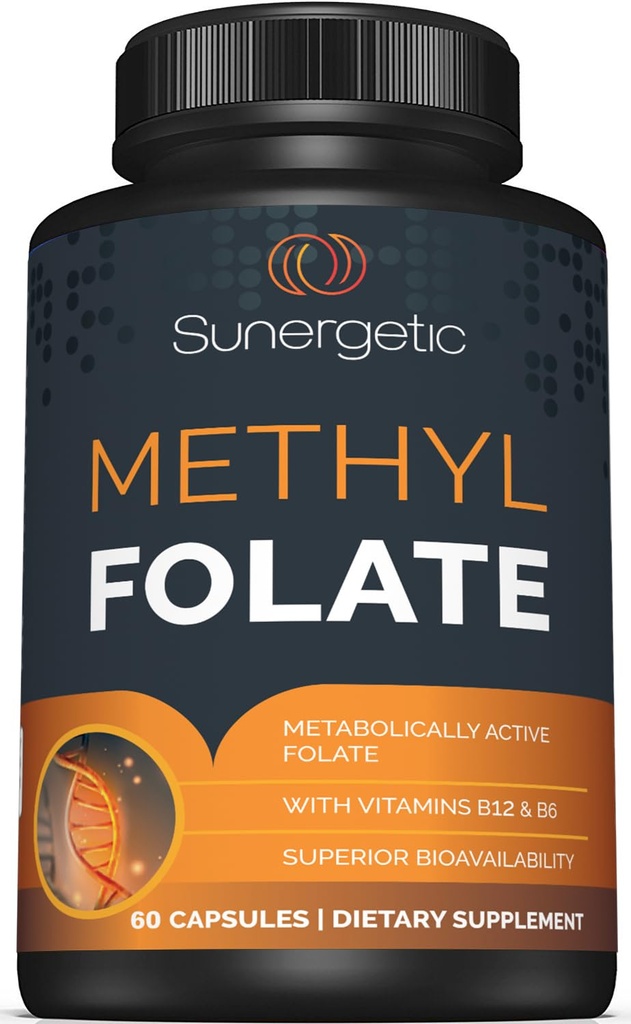 Sunergetic Premium Methyl Folate תוסף - עם methylated ויטמין B12 ו- ויטמין B6 - metabolly Active Folate כמו Magnafolate - Methylfolate 400 mcg עבור קפסולה - 60 קפסולות