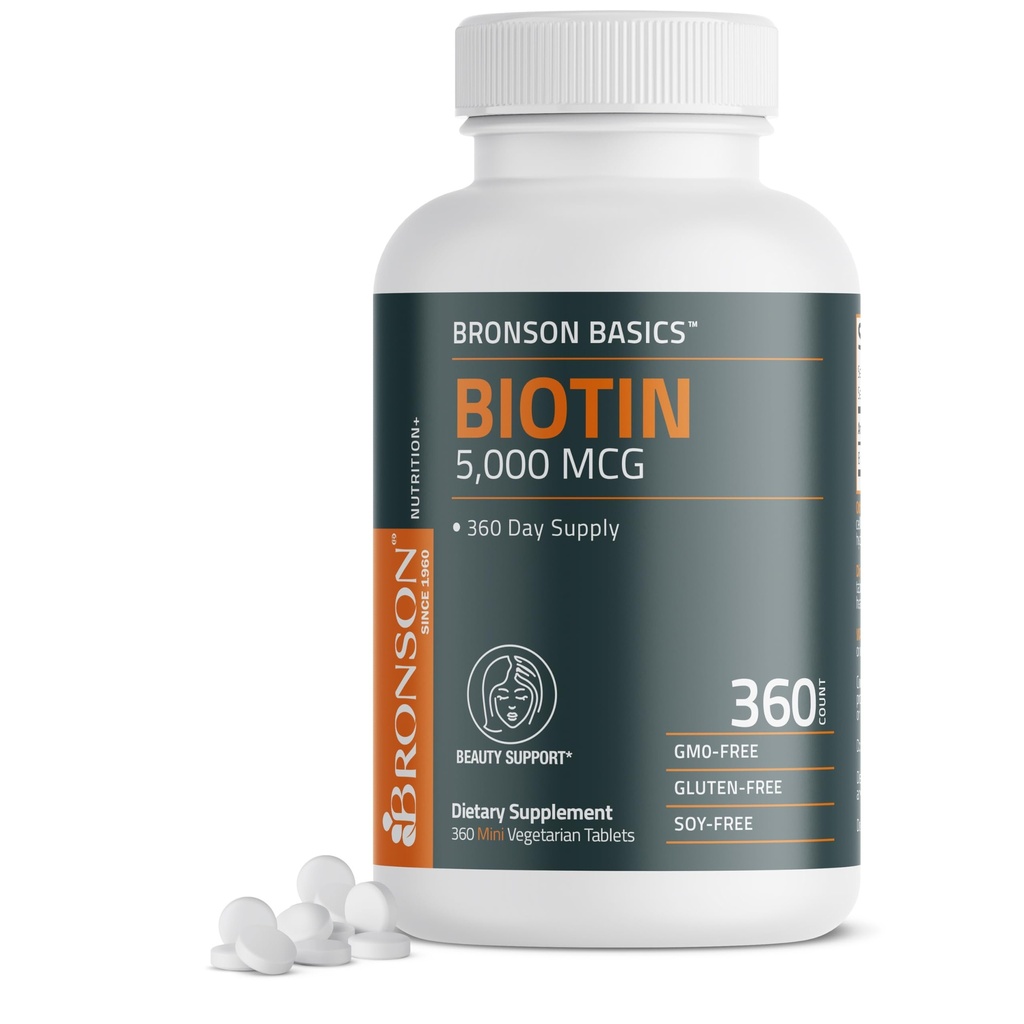 ברוונסון ביוטין 5,000 MCG תומך שיער בריא, Skin & Nails & Energy הפקה - תמיכה ביופי בפוטנטיות גבוהה - Non-GMO, 360 טבליות צמחוניות