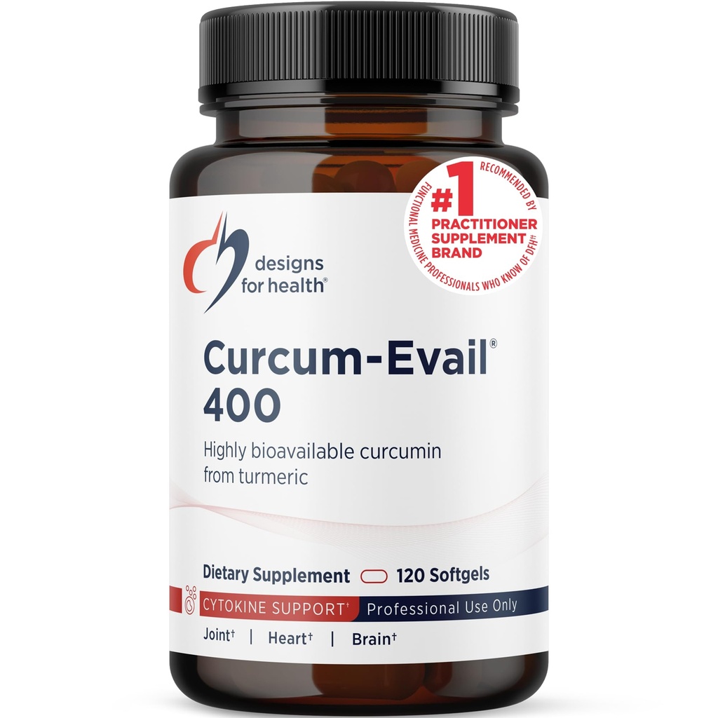 עיצובים לבריאות Curcum-Evail 400 - תוסף ביו-זמינות Turmeric Curcumin - Evail Emulsification טכנולוגיה - Curcumin C3 Complex with Turmeric Oil + ויטמין E, Non-GMO (120 Softgels)