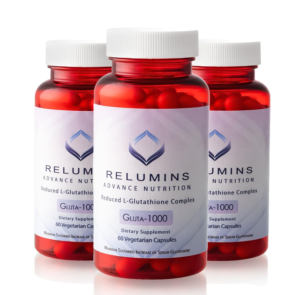 Relumins Advance Nutrition Gluta 1000 - מופחת L-Glutathione, Alpha Lipoic Acid & Rose HIPS - Antioxidant Support for Skin & Total Wellness - 60 ואג קפסולות x 3 בקבוקים (90 ימים אספקה)