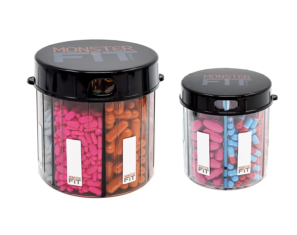 Monster & Monster Jr תוספת תרופות גלולות Dispensers 2 Pack עם תוויות, עוד בקבוקי גלולות גדולים וקטנים המכילים כמעט כל תוספת, קל ל Dispense (Monster & Monster Jr).
