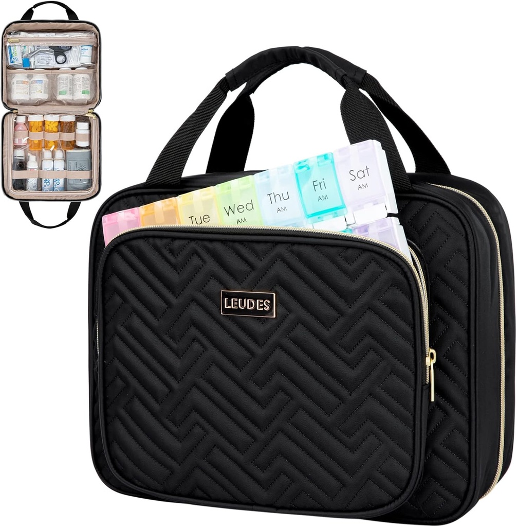 Leudes Travel Pill Bottle מארגנת, Medicine Organer and Storage, Home Medicine Bag, Cases,Carrier for Pills,Vitamin, Fish Oil, Supplements for Women and Men (Large, Black)