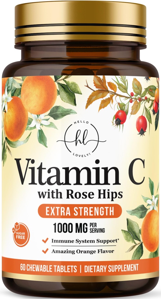 ויטמין C תוסף 1000 מ"ג - תוספת כוח עם Rose Hips Bioflavonoids - סוכר חינם ויטמין C Chewable Pills, Nature's Vit C for Immune Support & Antioxidant Protection - 60 טבליות Chewable