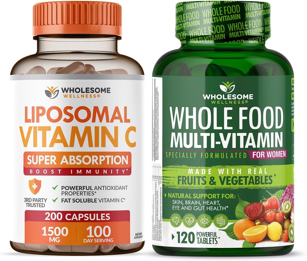 Wholesome Wellness Liposomal ויטמין C קפסולות (200 Pills 1500 מ"ג Buffered) High Absorption VIT C + Whole Food Multivitamin עבור נשים - ויטמינים טבעיים, מינרלים, חומרי גלם אורגני Bundle