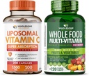 Wholesome Wellness Liposomal ויטמין C קפסולות (200 Pills 1500 מ"ג Buffered) High Absorption VIT C + Whole Food Multivitamin עבור נשים - ויטמינים טבעיים, מינרלים, חומרי גלם אורגני Bundle