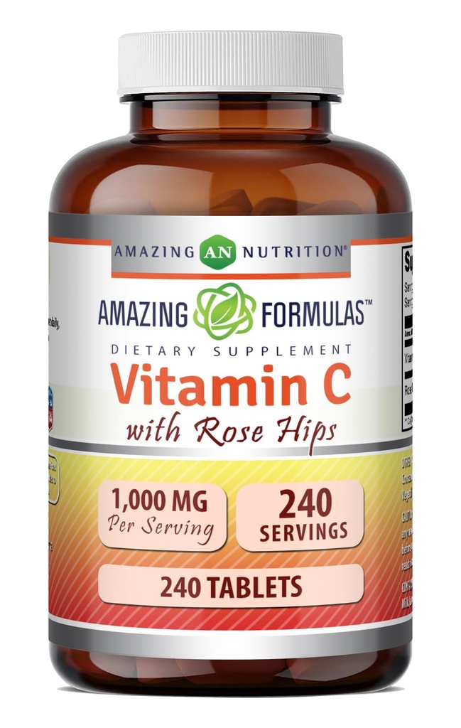 פורמולה מדהימה ויטמין C עם רוז HIPS תוסף | 1000 Mg | 240 טבליות | Non-GMO | Gluten-Free | Made in USA