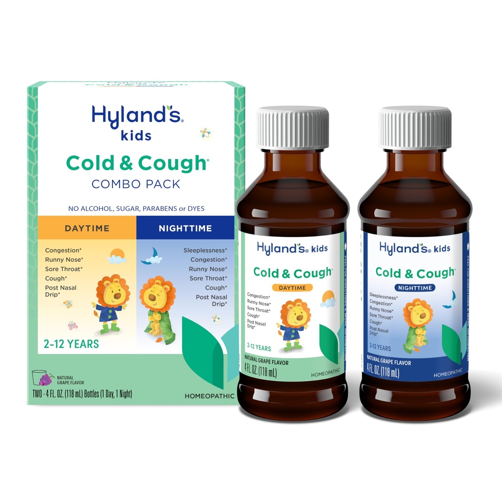 הילדים של Hyland קר ו Cough, יום ולילה Combo Pack, רפואה קרה בימי שני ומעלה, Grape Flavor Syrup Cough Medicine for Kids, Nasal Decongestant, 4 Fl Oz (Pack of 2)