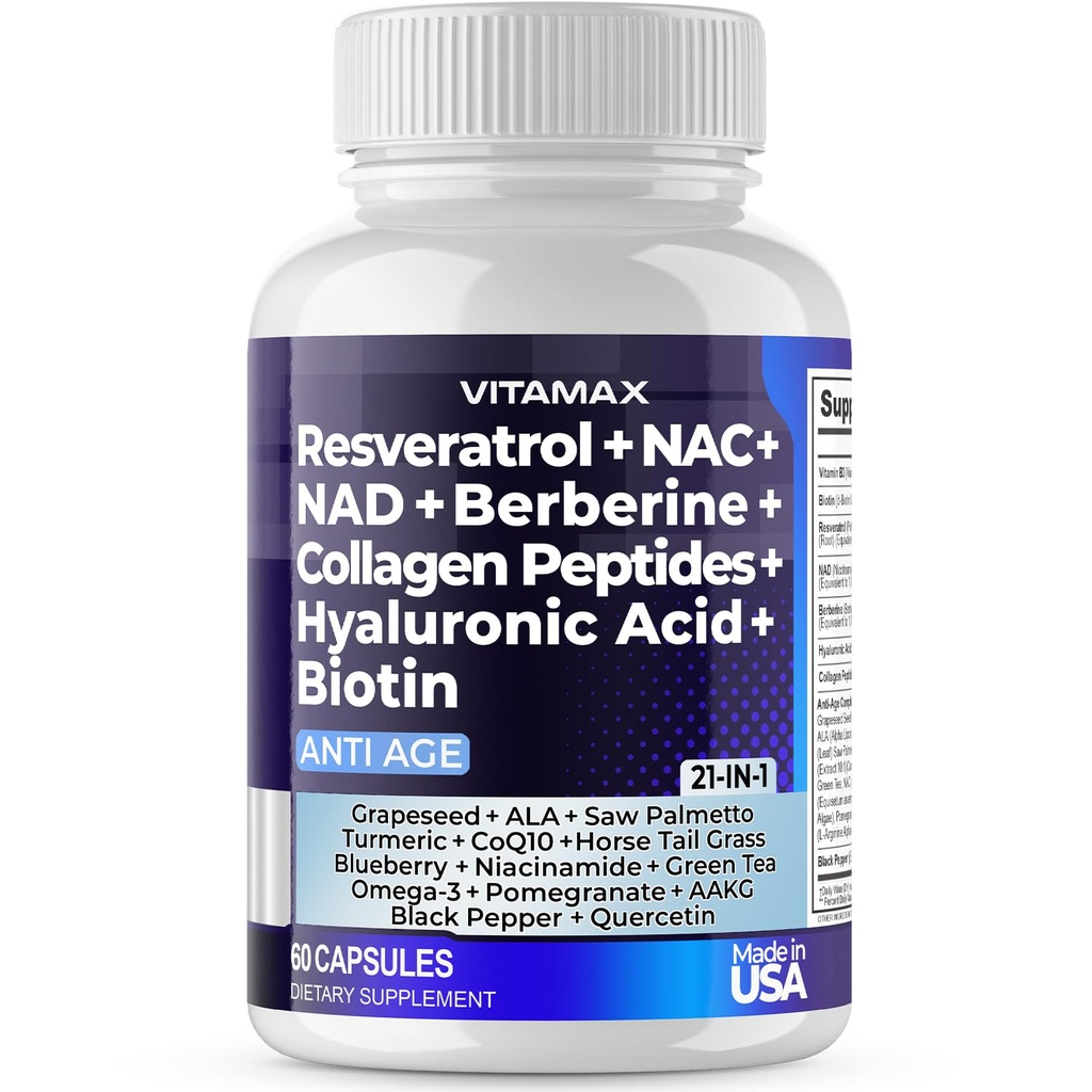 Resveratrol NAD+ Berberine Hyaluronic Acid - Biotin Grape & Blueberry + NAC - Collagen Peptides - שיער, גוון עור ושותף - 21-in-1 נשים וגברים - Made בארה"ב (60 Count (Pack of 1)
