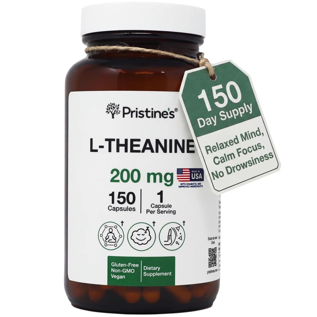 PRISTINE'S L Theanine 200 מ"ג קפסולות תוספי מזון - צד שלישי נבדק N GMO -150 יום אספקה - מרגיעה & Sleep Quality קפסולות תמיכה - טבעוני, cGMP Facility & Gluten Free Glass Bottles