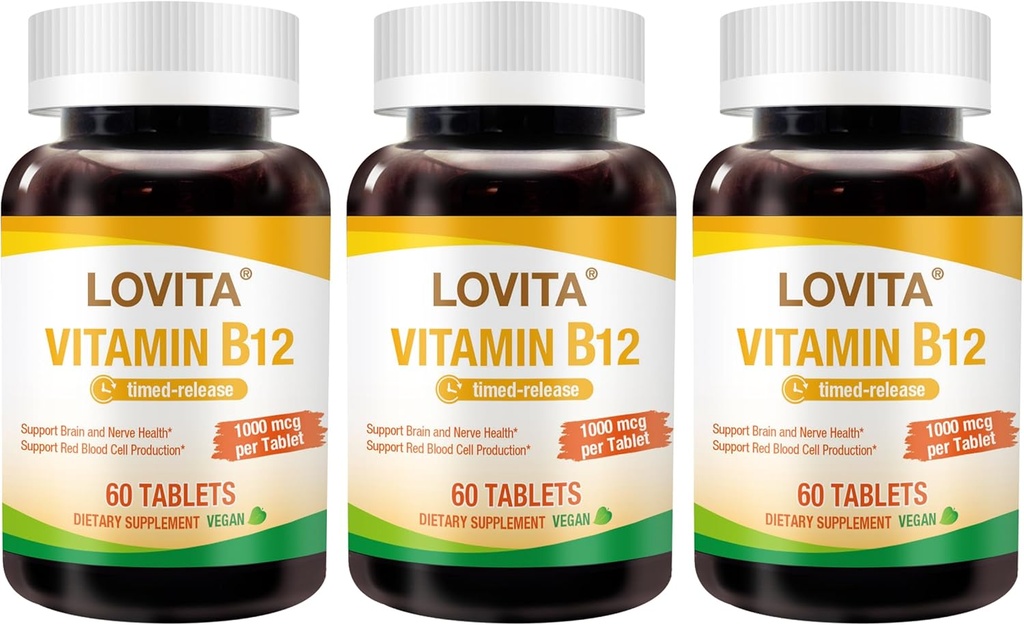 Lovita ויטמין B12 1000 mcg (B12 ויטמינים כמו Cyanocobalamin), Timed לשחרר B12, טבעוני-ידידותי, תומך במערכת Nervous, 60 טבליות Vegetarian (2 חודשים אספקה) (Pack of 3)