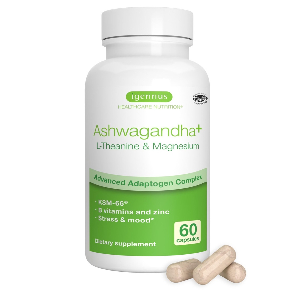 Igennus High Power Ashwagandha Stress Relief Complex, L-theanine & Magnesium & KSM-66 Root Extractogens, Methylated B ויטמיןs, Calm & Sleep Support, תווית נקייה, 60 קפסולות הפעלה מהירה